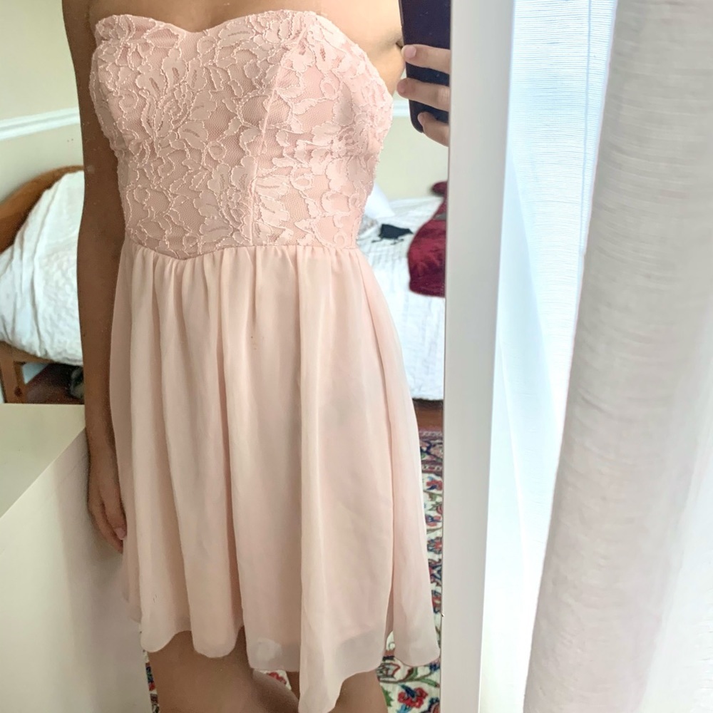 Blush Strapless Dress with Lace Detail